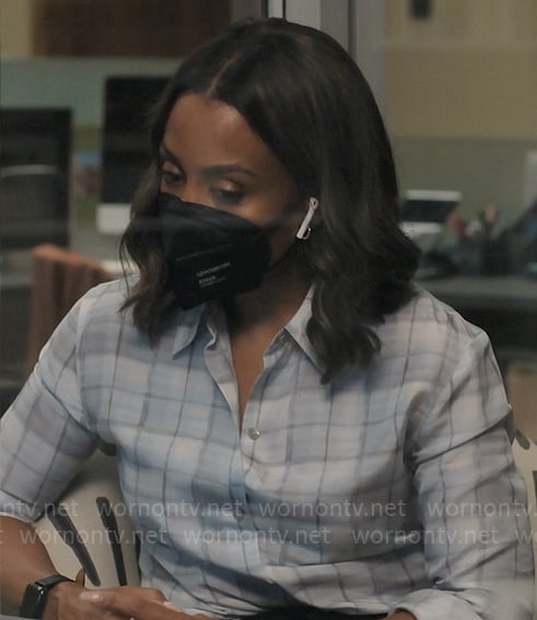 Mia's checked button down blouse on The Morning Show