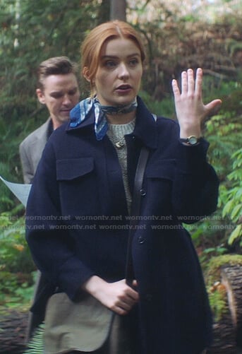 Nancy's navy flap pocket wool coat on Nancy Drew