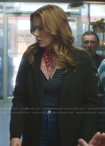 Nancy's striped top and green coat on Nancy Drew