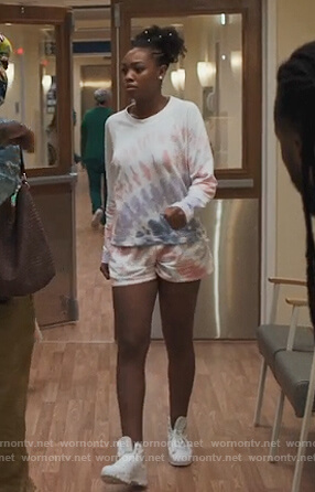 Nikki's tie dye sweatshirt and shorts on Our Kind of People