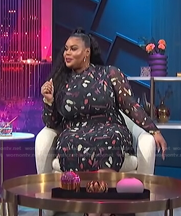 Nina's printed mesh dress on E! News Nightly Pop