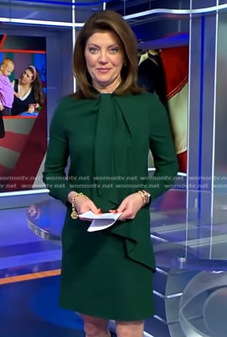 Norah's green tie neck dress on CBS Evening News