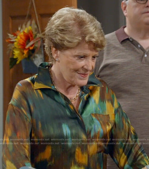 Norma's green and orange print blouse on B Positive