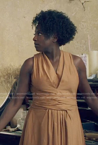 Nova's camel v-neck midi dress on Queen Sugar