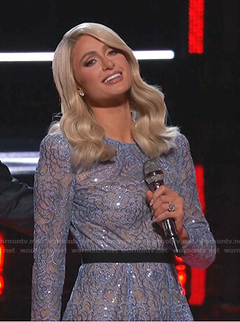 Paris Hilton's sequin floral lace dress on The Voice