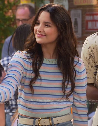 Lex's blue striped sweater on Side Hustle