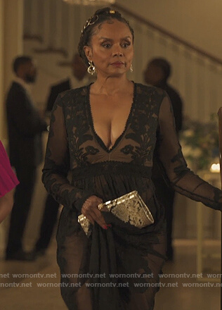 Patricia's black lace maxi dress on Our Kind of People