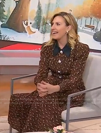 Poppy Harlow's brown printed dress with black collar on Today