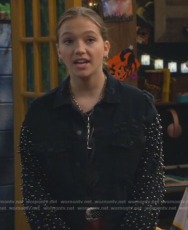 Presley's black studded denim jacket on Side Hustle