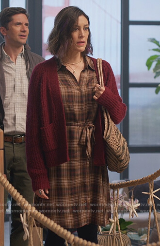 Sara's brown plaid dress and cardigan on Home Economics
