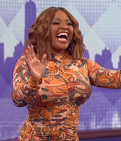 Sherri Shepherd's floral ruched midi dress on The Wendy Williams Show