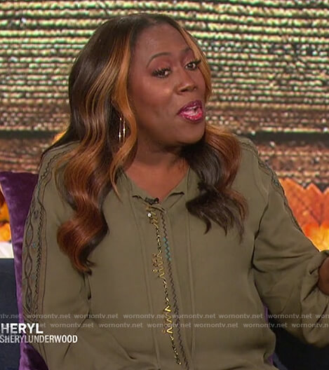 Sheryl's green embroidered trim blouse on The Talk