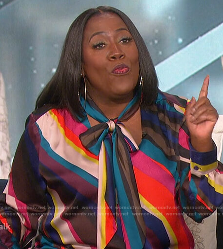 Sheryl's rainbow stripe tie neck blouse on The Talk