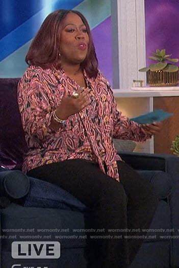 Sheryl's paisley print tie neck blouse on The Talk