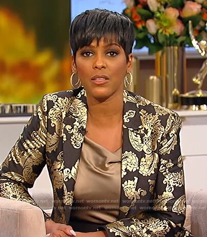 Tamron's black paisley metallic blazer on Tamron Hall Show