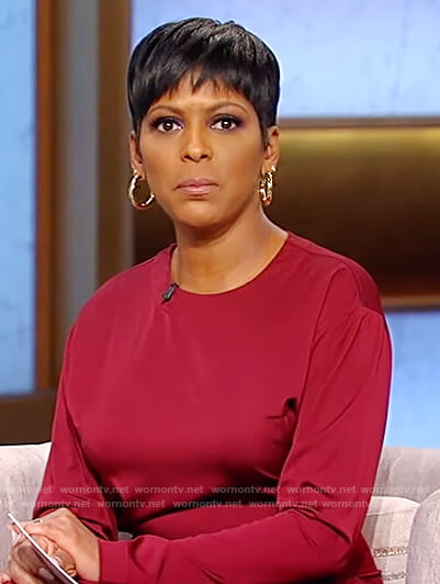 Tamron's burgundy midi dress on Tamron Hall Show