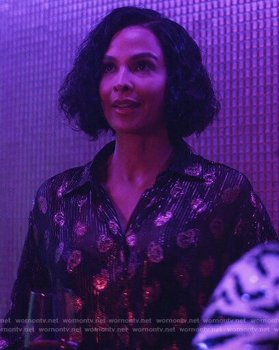 Tina's black metallic paisley blouse on Queens