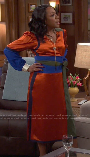Tina's colorblock wrap dress on The Neighborhood