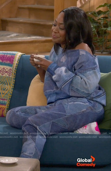 Tina's patchwork denim sweatshirt and pants set on The Neighborhood