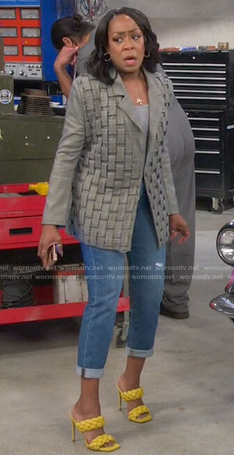 Tina's plaid woven blazer and yellow sandals on The Neighborhood