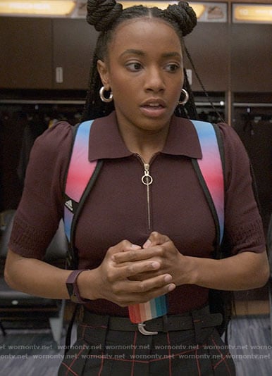 Whitney's burgundy zip neck top on The Sex Lives of College Girls