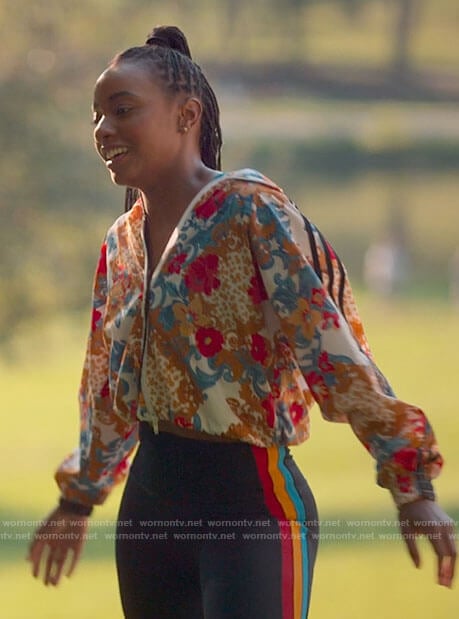 Whitney's floral jacket and side stripe leggings on The Sex Lives of College Girls