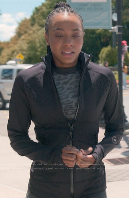 Whitney's leopard print top and black jacket on The Sex Lives of College Girls