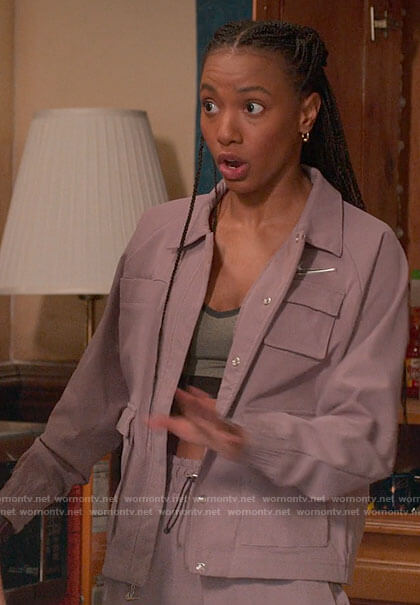 Whitney's purple Nike jacket and pants set on The Sex Lives of College Girls