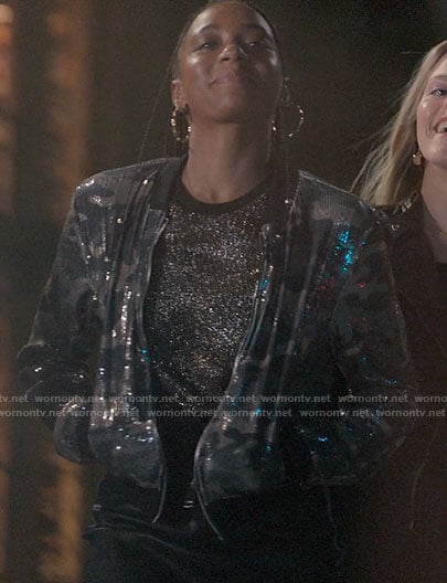 Whitney's camo sequin bomber jacket on The Sex Lives of College Girls