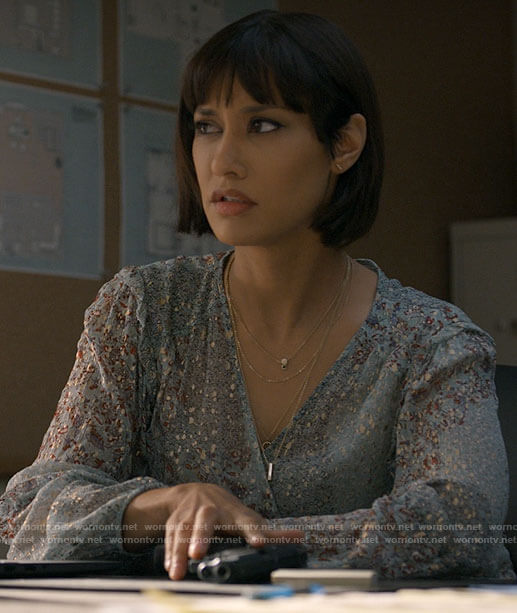 Ren's metallic floral dress on Big Sky