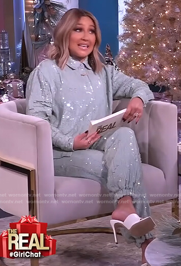Adrienne's green sequin shirt and pants on The Real