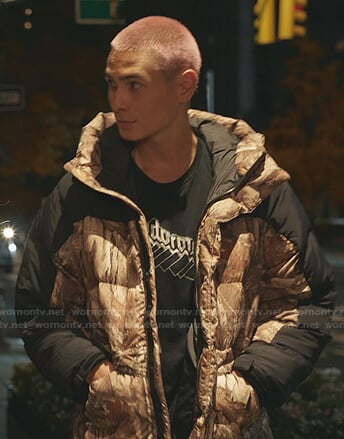 Aki's black camo print puffer jacket on Gossip Girl