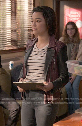 Alicia's purple and black leather jacket on The Sex Lives of College Girls