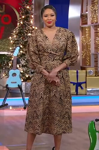 Alicia Quarles's beige zebra print belted dress on Good Morning America