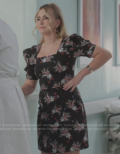 Amanda's black floral puff sleeve dress on Dynasty