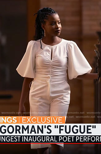 Amanda Gorman's white puff sleeve top and shorts on CBS Mornings