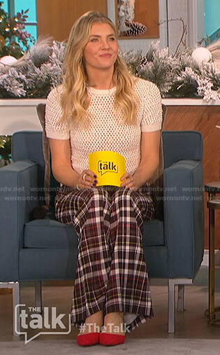 Amanda's white pearl crochet top and plaid pants on The Talk