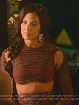 Amanza's brown ruched top and skirt on Selling Sunset