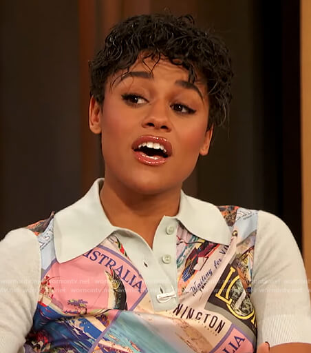 Ariana DeBose's postcard print polo on The Drew Barrymore Show