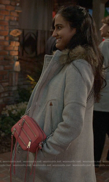 Bela's grey coat with fur trim hood on The Sex Lives of College Girls