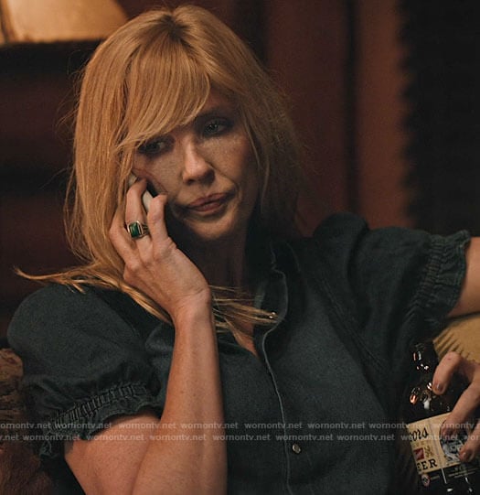 Beth's denim puff sleeve shirt on Yellowstone