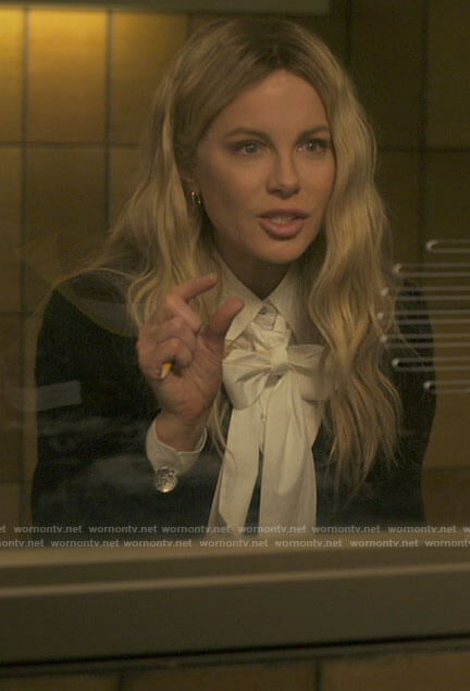 Beth's white cotton tie neck shirt on Guilty Party