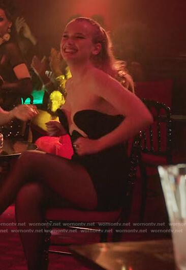 Camille's black bustier mini dress on Emily in Paris