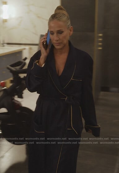 Carrie's navy piping trim robe on And Just Like That
