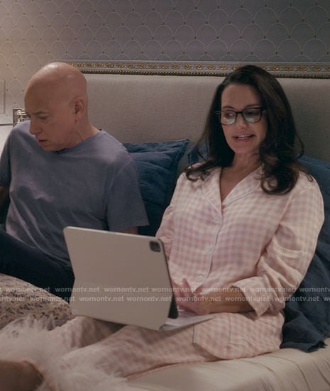 Charlotte's pink gingham check pajamas with feather trim on And Just Like That