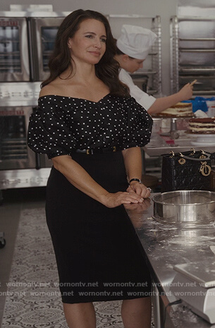 Charlotte's black dotted off shoulder top on And Just Like That