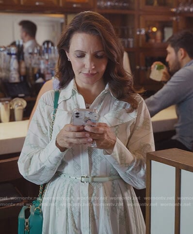 Charlotte's white printed shirtdress on And Just Like That