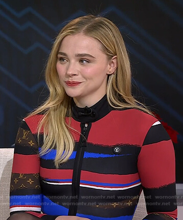 Chloe Grace Moretz's multicolor striped half zip top and skirt on Today