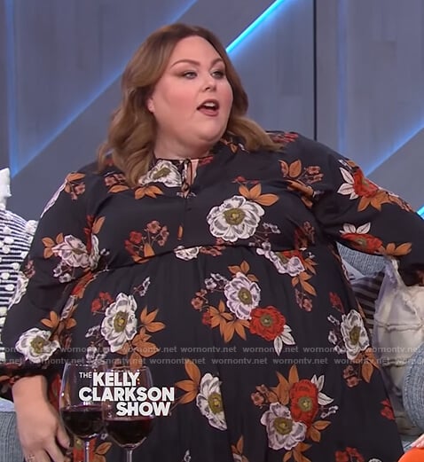 Chrissy Metz's black floral print dress on The Kelly Clarkson Show