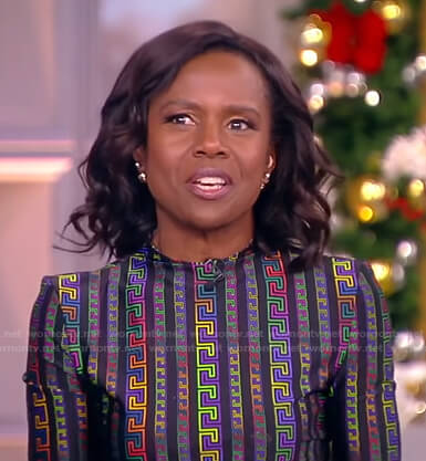 Deborah Roberts's multicolor printed top and skirt on The View